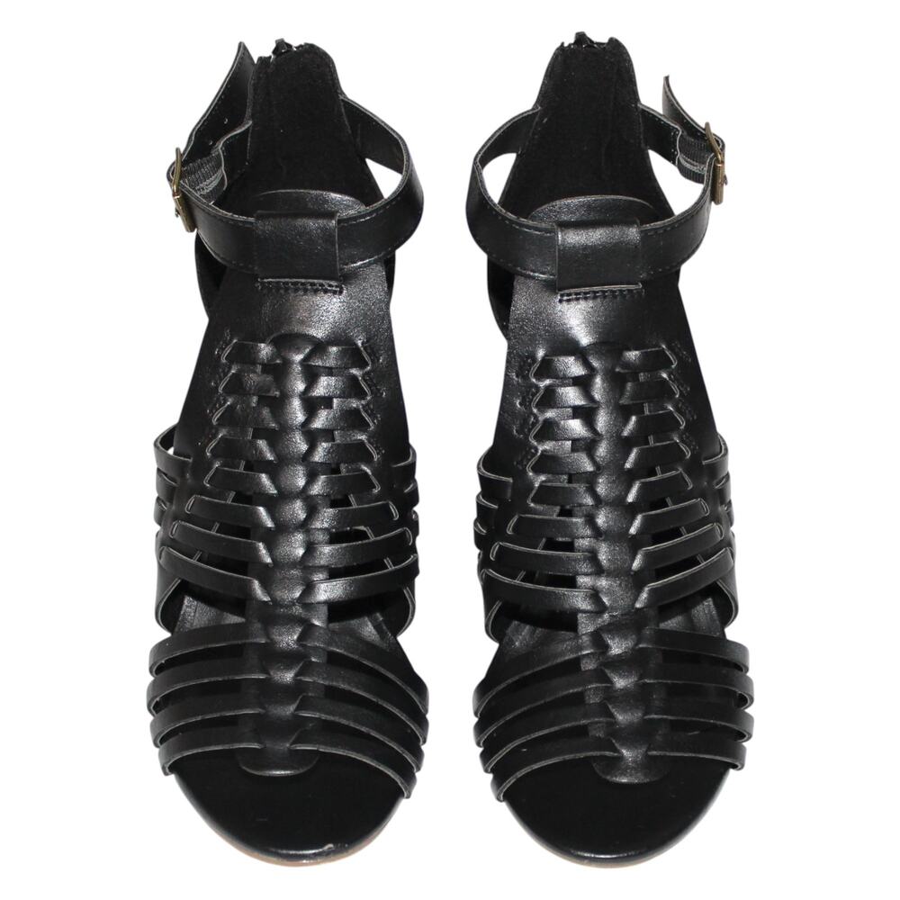 Strappy Faux Leather Black Block Heel Sandals 8.5